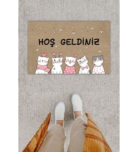 Kapı Paspası Sevimli Kediler Hoş Geldiniz Yazılı Kapı Önü Paspası