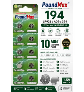 10 Adet AG9 (LR45, LR936, 394) 1.5V - Poundmax alkalin düğme piller 1x 10;lu paket