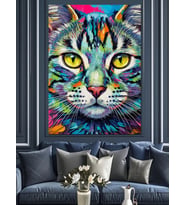 Rengarenk Kedi Yüzü Sanatı Dekoratif Kanvas - Mdf Ahşap Tablo