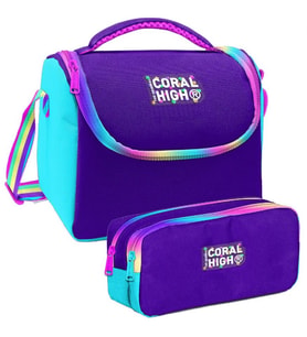 Coral High Rainbow Fermuarlı Mor Desenli Kız Çocuk Isı Yalıtımlı Beslenme Çantası ve Kalemlik Seti