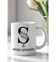 Kişiselleştirilebilir Ş Harfi Tasarımlı 330ml Baskılı Beyaz Seramik Kupa Bardak (Siyah Beyaz Baskili)