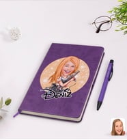 BK Gift Kişiye Özel Kadın Kuaför Karikatürlü Mor Termo Deri Defter Kalem Seti Model 2