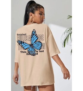 Unisex Kelebek Sırt Baskılı T-shirt (Bej)