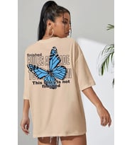 Unisex Kelebek Sırt Baskılı T-shirt (Bej)