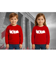 Unisex Ay Yıldızlı 19 Mayıs 29 Ekim 23 Nisan 10 Kasım Atatürk Çocuk 3 İplik Şardonlu Sweatshirt (Kırmızı)
