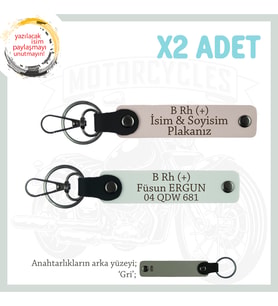 Motor Tutkunlarına Özel, İsim Plaka ve B Rh (+) Kan Grubu Yazılı Deri x2 Anahtarlık, Pudra-Beyaz-Gr