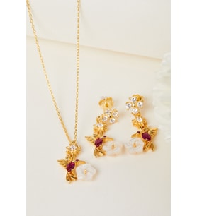 Elika Silver 925 Ayar Gümüş Ruby Kuşu Kolye ve Küpe Set