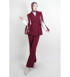Tesettür Blazer Takım Omuz Tasarım Yelekli Blazer İkili Takım Bordo