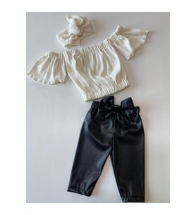 Kız Çocuk, Likralı Deri Fiyonk Detaylı Pantolon, Krem Straplez Crop Bluz Ve Saç Bandı Takımı.