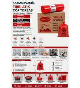 Kazanç Plastik Tıbbi Atık Orta Boy 55x60 cm Baskılı 20'li 20 Rulo 50 Mikron Çöp Torbası