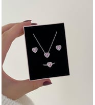 Çelik pandora tarzı kalp kolye küpe yüzük seti love aşk seti (Pembe)