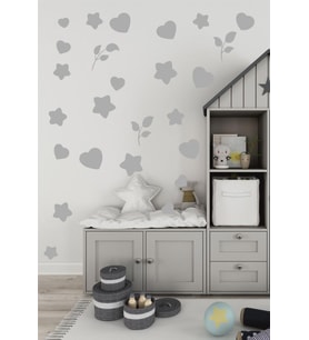 Kalp Çiçek Yıldız Çocuk Odası Sticker Dekorasyon 100 Adet Açık Gri