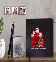 Kişiye Özel Yılbaşı Aile Karikatürlü Siyah Defter Kalem Çakmak Hediye Seti Model-2 (Model 1)