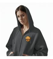 Kadın Golden Retriever Baskılı Oversize Fermuarlı Hoodie (Gri)