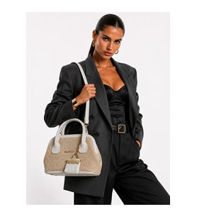 GLANZIA Ivory Straw Mini Satchel Ekru Hasır Kadın El ve Omuz Çantası Şık Günlük Kullanım Suni Deri