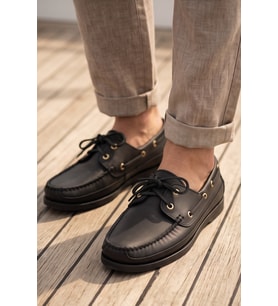 Royal Marine Siyah Premium Deri Erkek Loafer - El İşçiliği Özel Tasarım Klasik Gemi Ayakkabısı (Boat Shoe) Serisi