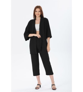 Kadın Gofre Kimono Alt-Üst Takım (Siyah)