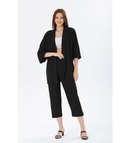 Kadın Gofre Kimono Alt-Üst Takım (Siyah)