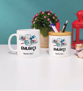 Emlakçı Tasarımlı Kişiye Özel Hediye Emlakçı Kupa Bardak ve Kalemlik Hediye Seti