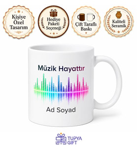 İsimli Equalizer Desenli Müzik Kupası Özel Baskılı Hediye Bardak