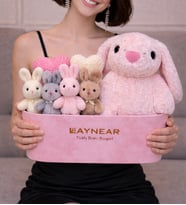 Premium Özel Seri  - Renkli Küçük Tavşanlar ve Pembe Tavşan Kadife Kutuda