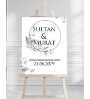 Söz Nişan Düğün İçin 50x70 Karşılama Panosu - Yeşil Çiçek Tasarımlı 006