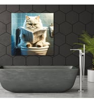 Tekli Kare Kanvas Banyo Tablosu Gazete Okuyan British Longhair Kedi