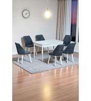 Sera Beyaz 80 x 132 Açılabilen MDF Masa Beyaz Metal Ayaklı Mutfak Masası 6 Füme Kot Desen Sandalye
