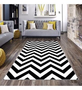 Siyah Beyaz Zigzag Desenli Yıkanabilir Kaymaz Taban Leke Tutmaz Modern Salon Halısı ve Yolluk