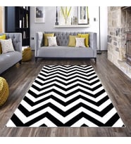 Siyah Beyaz Zigzag Desenli Yıkanabilir Kaymaz Taban Leke Tutmaz Modern Salon Halısı ve Yolluk