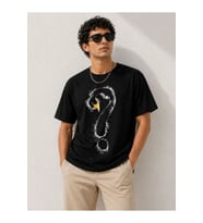 Erkek Kuğu Figürlü Soru İşareti Baskılı Tişört Kısa Kol T-Shirt - Siyah
