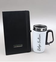 Kişiye Özel Siyah Defter & 280 ML Kulplu Beyaz Çelik Termos Hediye Seti