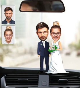 Kişiye Özel Fotoğraflı Gelin Damat Tasarımlı Karikatür Araba Dikiz Ayna Süsü