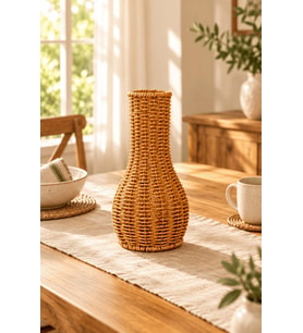 Atbyhome Doğal Hasır Rattan Çiçek Vazosu 27 cm - Masa Üstü Dekoratif Bohem El Örgüsü Kuru Çiçeklik Vazo