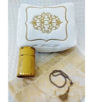 Dilex 4 Parça Kadife   Bohça Gelin Damat Hediye Çeyiz Bohça  Tafta Saçaklı Kutu Seccade Set Gold Beyaz