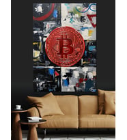 Grafiti Duvarında Kırmızı Bitcoin Logosu Dekoratif Kanvas - Mdf Ahşap Tablo