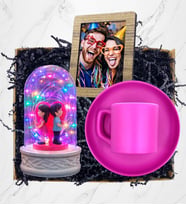 Size Özel Fotoğraflı Hediye Seti Pembe Kahve Fincanı ve Renkli Led Işıklı Fanus (Model 7)
