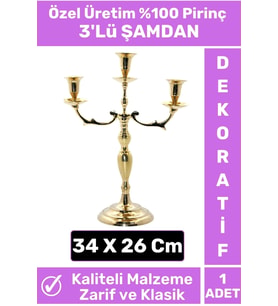 Premium Yüksek Kaliteli Dekoratif Şık Tasarım Hediyelik Biblo Mumluk %100 Pirinç 3'lü ŞAMDAN