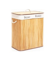 DİKDÖRTGEN İKİ BÖLMELİ İÇ BEZ BAMBU AHŞAP KİRLİ ÇAMAŞIR SEPETİ İP KULP 52X32X62CM (5680)