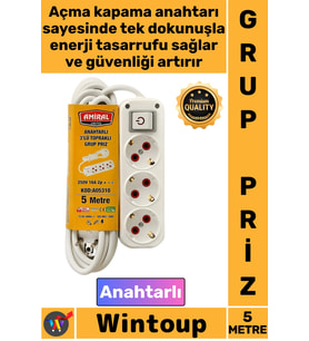 #Priz Dayanıklı Güvenli Elektrik Ofis TV Yanı 3'lü Topraklı Anahtarlı 5 Metre Kablolu Şık Grup Priz