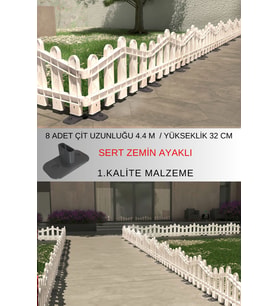 Dekoratif Plastik Alan Oluşturma ve Bahçe Çiti 8 ADET ÇİT (Y: 32 CM / G: 4.4 M) SERT ZEMİN AYAKLI (Beyaz)