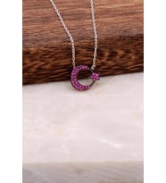 Rubin Taşlı Ay Yıldız Tasarımlı Gümüş Kolye 1695 (Pembe)