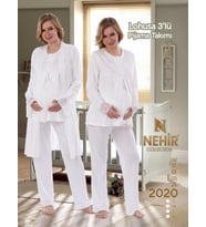 NEHİR 2020 Hamile Lohusa Pijama Sabahlık 3Lü Takım (Ekru)