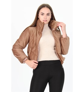 Neşeli Butik Kadın Yüksek Yaka Fermuar Detaylı Cepli Kışlık Kadife Mont NB7154