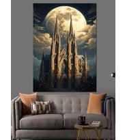 Gece Işıkları Altında Gotik Katedral Dekoratif Kanvas - Mdf Ahşap Tablo