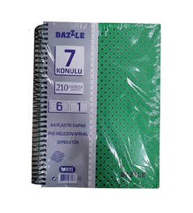 6+1 Ayraçlı Defter 7 Konulu 210 Yaprak 1 Adet 6 Kareli 1 Çizgili Spralli Plastik Kapak Seperatörlü (Yeşil)