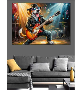 Gitar Çalan Rockçı Köpek Figürü Dekoratif Kanvas - Mdf Ahşap Tablo