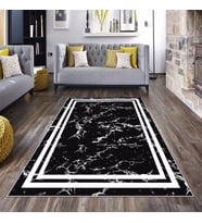 Siyah Mermer Desen Beyaz Çerçeve Yıkanabilir Kaymaz Taban Leke Tutmaz Modern Salon Halısı ve Yolluk