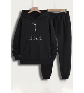 Unisex Uzay Temalı Baskılı Eşofman Takımı (Siyah)