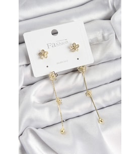 Pirinç Zirkon Taşlı Sallantılı Çiçek Model Gold Renk 925 Ayar Gümüş Çivi Kadın Küpe (Altın)
